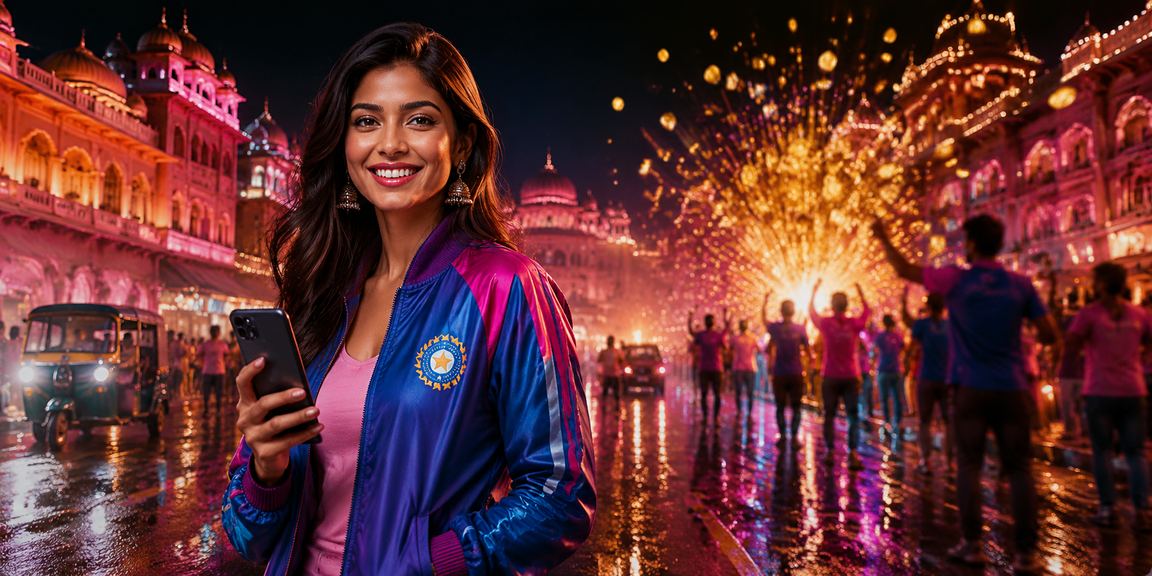 Mobile user engaging with cricket betting promotions during vibrant night in Jaipur